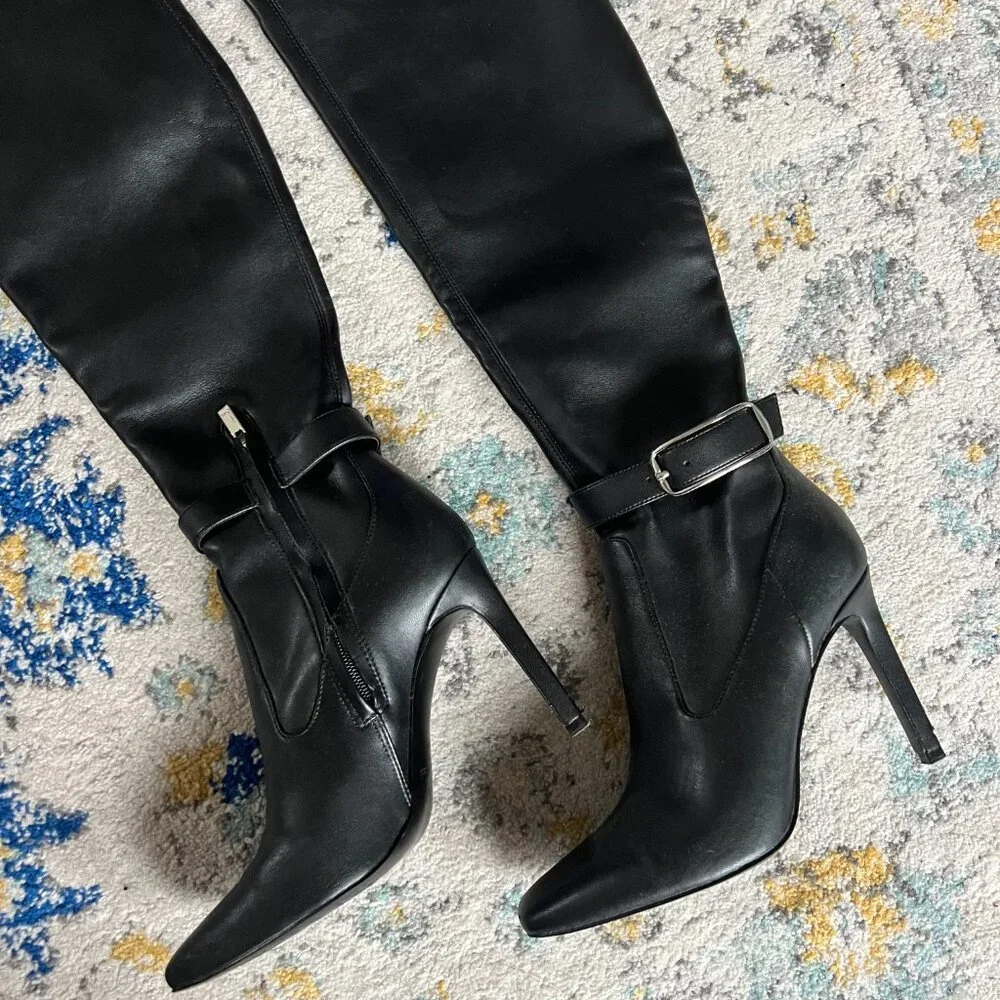 Over the Knee (faux) leather Marc Fisher black stiletto boots (size 7.5) - Picture 3 of 7